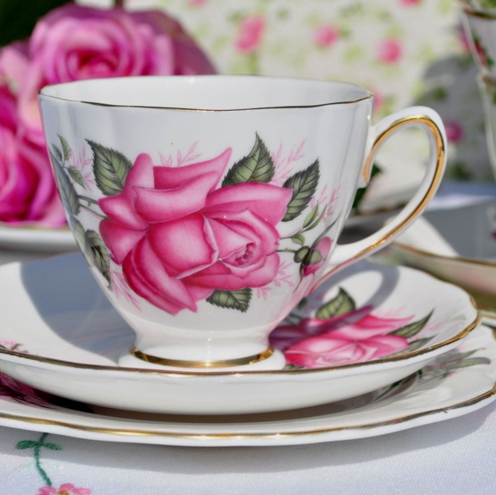Colclough Pink Roses Bone China Vintage Tea Cup Trio