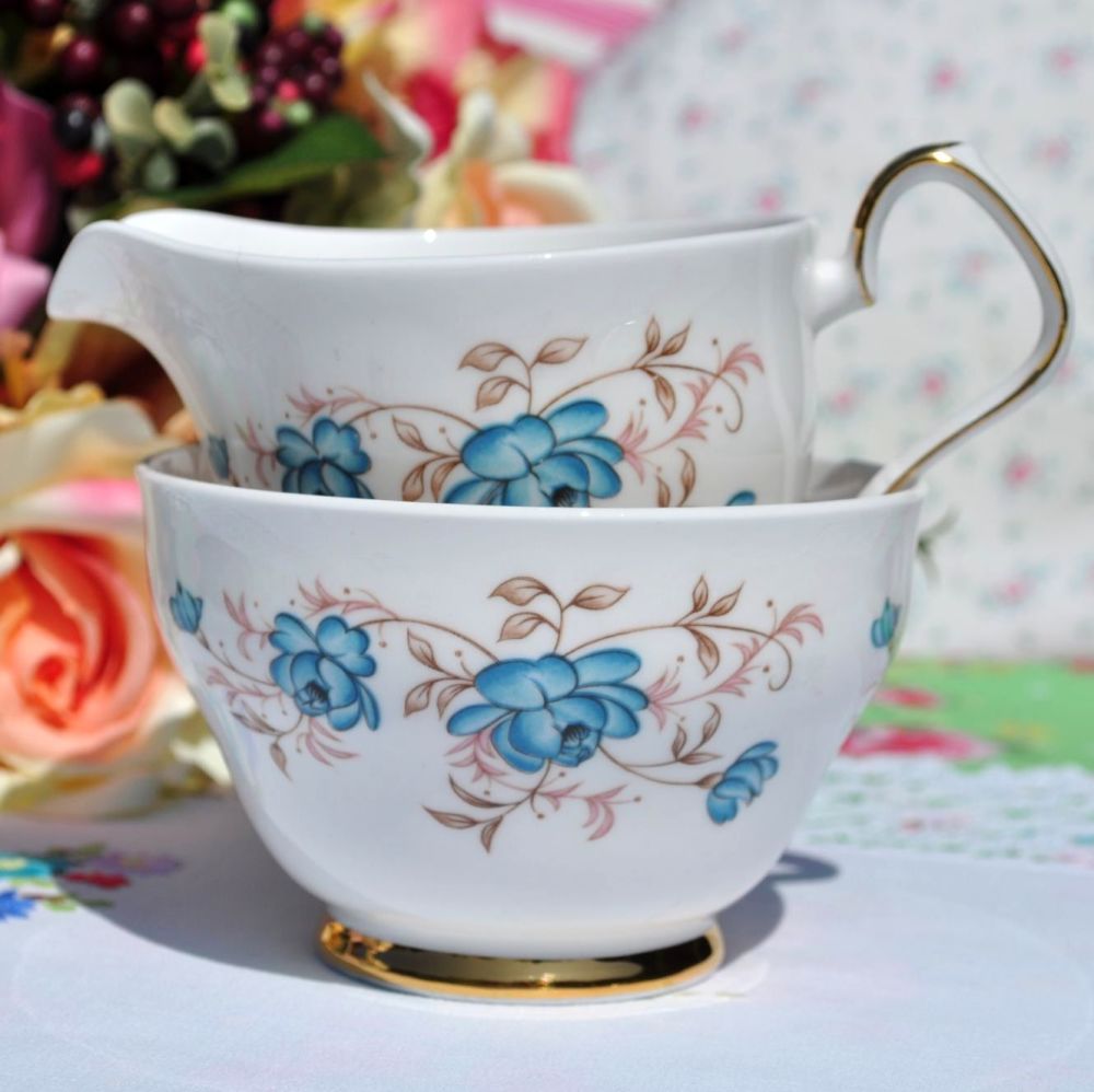 Windsor Duck Egg Blue Roses Milk Jug & Sugar Bowl c.1960's