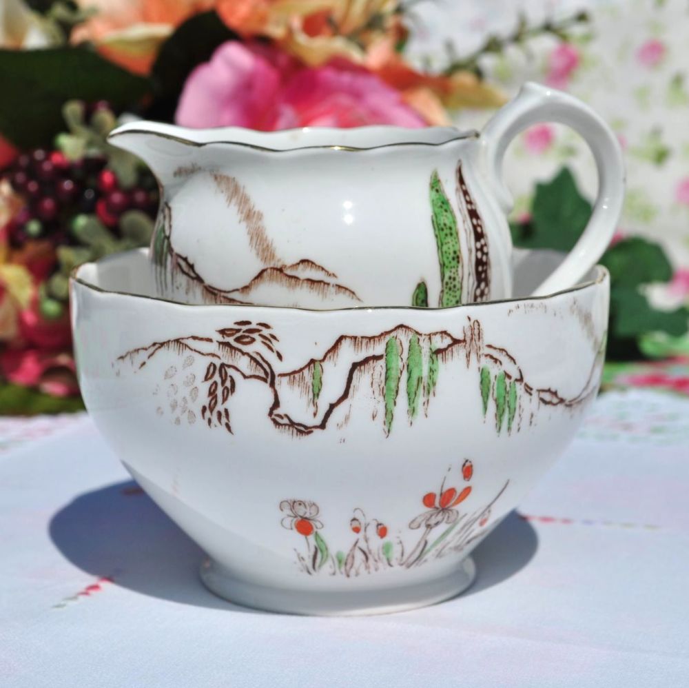 Roslyn China Cypress Tree Milk Jug & Sugar Bowl c.1924+
