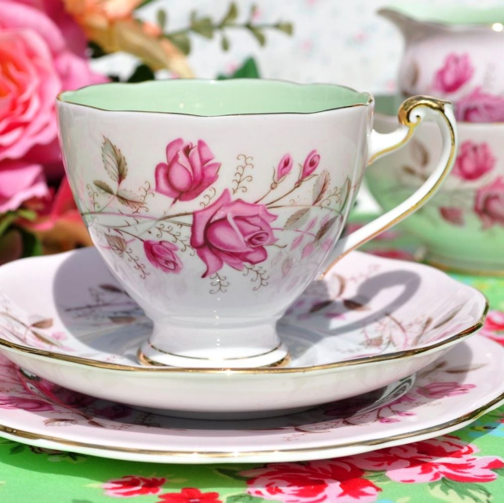 Roslyn Pink Rose Fine Bone China Vintage Tea Cup Trio