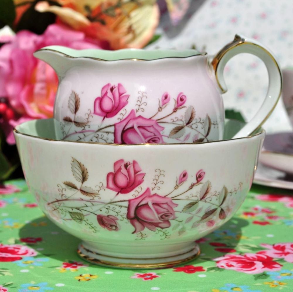 Roslyn Pink Rose Fine Bone China Vintage Cream Jug and Sugar Bowl