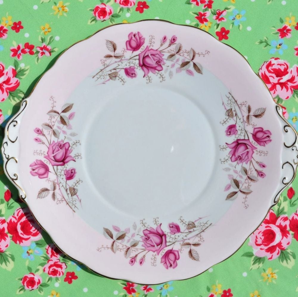 Roslyn Pink Rose Fine Bone China Vintage Cake Plate