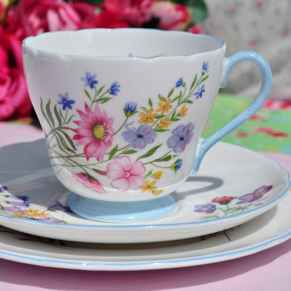 Shelley Wild Flowers Blue Footed 1950s China Teacup Trio