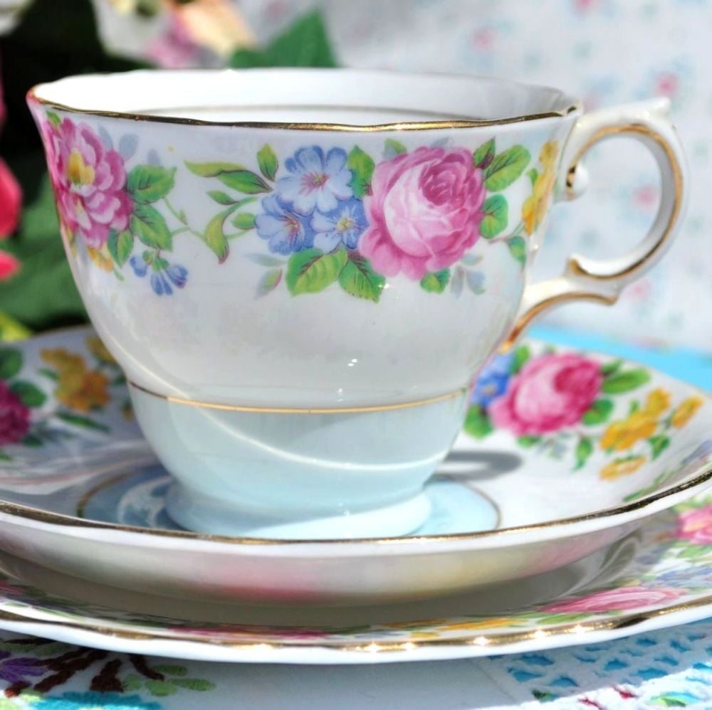 Colclough Pale Blue and Colourful Floral Vintage Tea Cup Trio