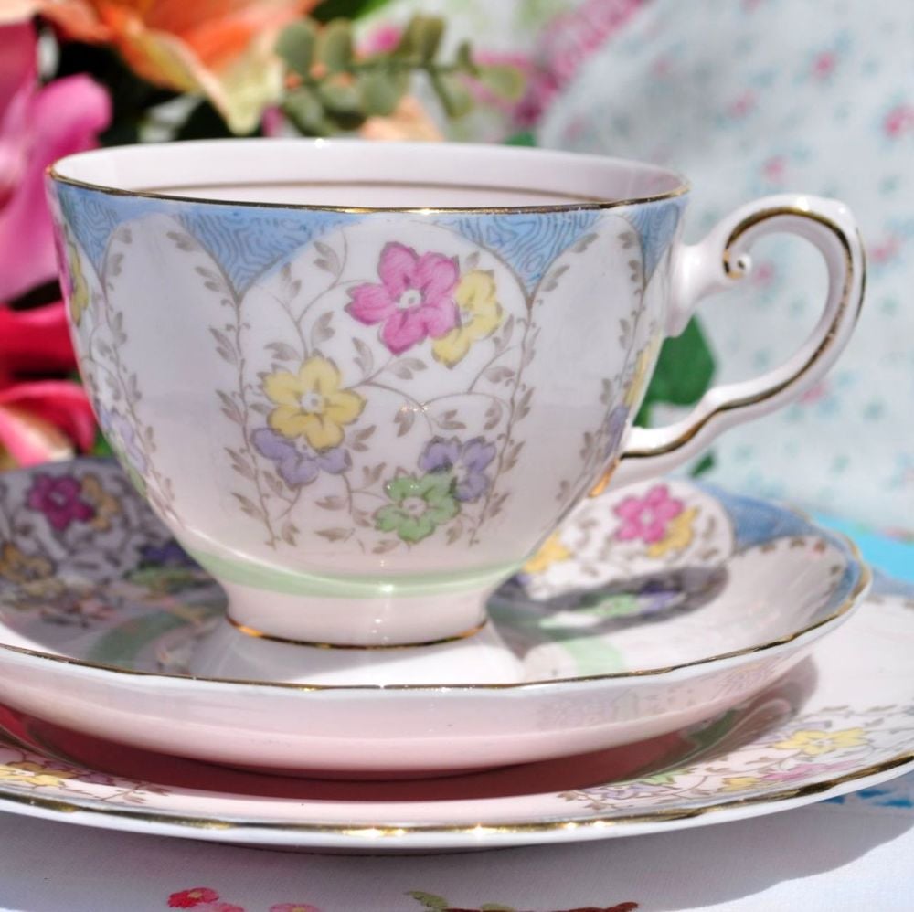 Tuscan Pink Fine China Vintage Tea Trio with Hand Painted Flowers