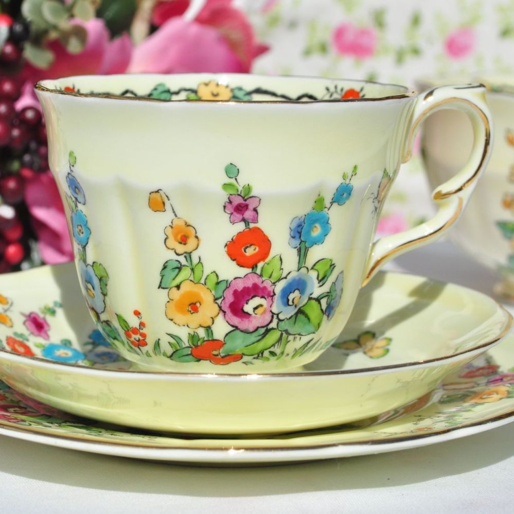 Crown Staffordshire Cottage Garden Hand Painted Teacup Trio c.1930s