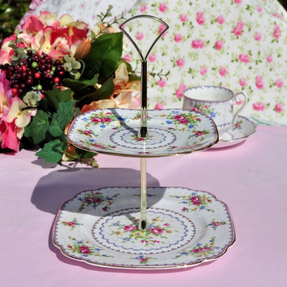 Royal Albert Petit Point China Reg. No.778676 2 Tier Cake Stand c.1930s