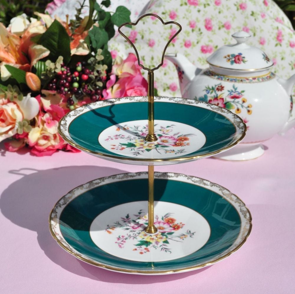 Sutherland Teal & Floral Vintage China 2 Tier Cake Stand c.1940s