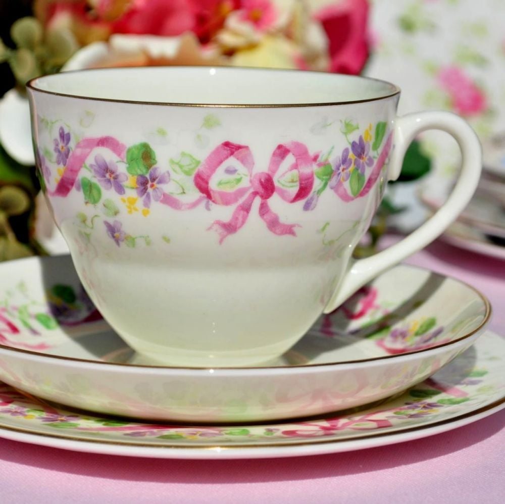 Royal Doulton Honiton Pink Ribbon Vintage Tea Cup Trio
