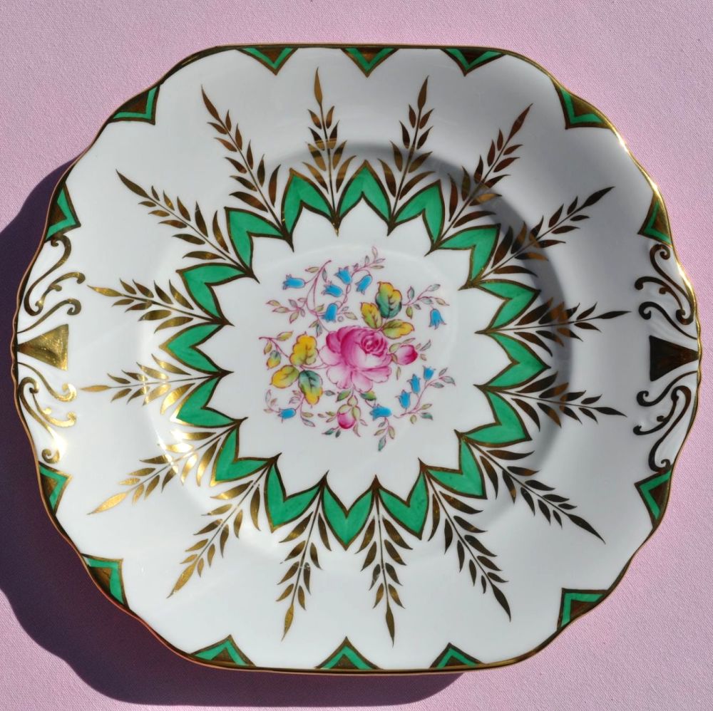 New Chelsea Completely Hand Painted Green, Gold & Floral Cake Plate c.1950s