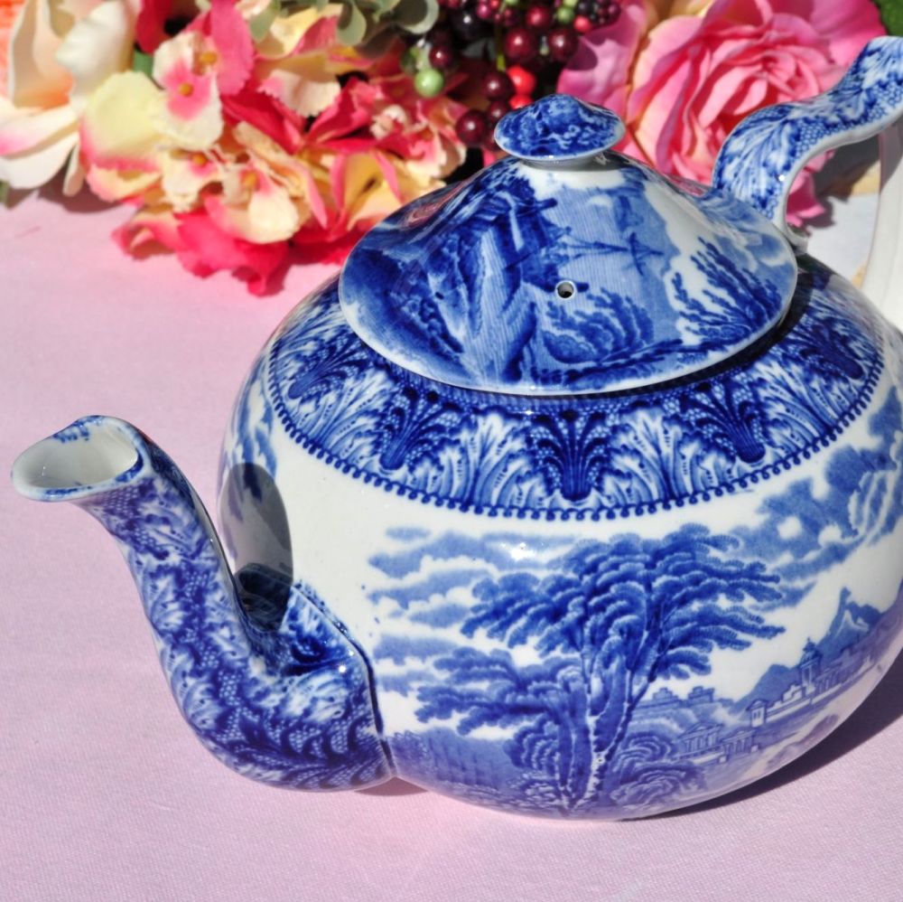 Antique Cauldon Chariot Blue & White Large Teapot