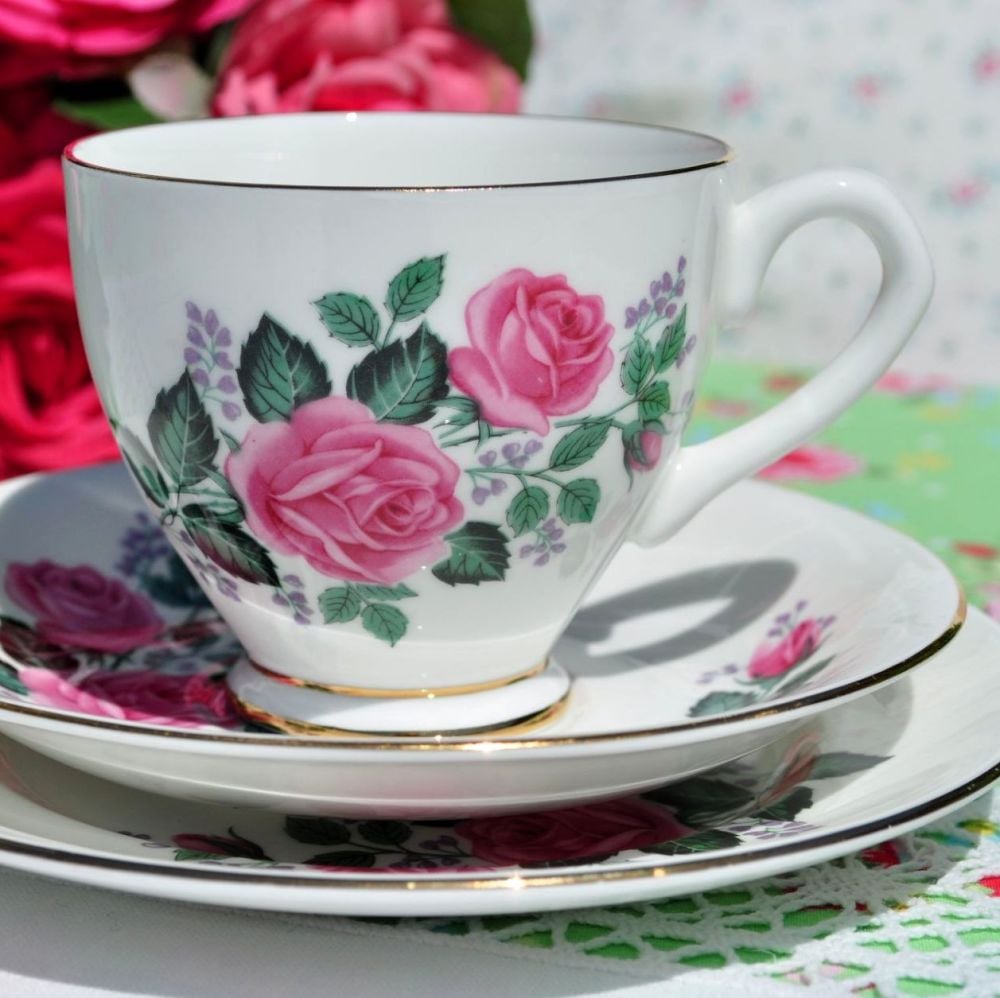 Taylor and Kent Pink Roses Bone China Vintage Tea Cup Trio