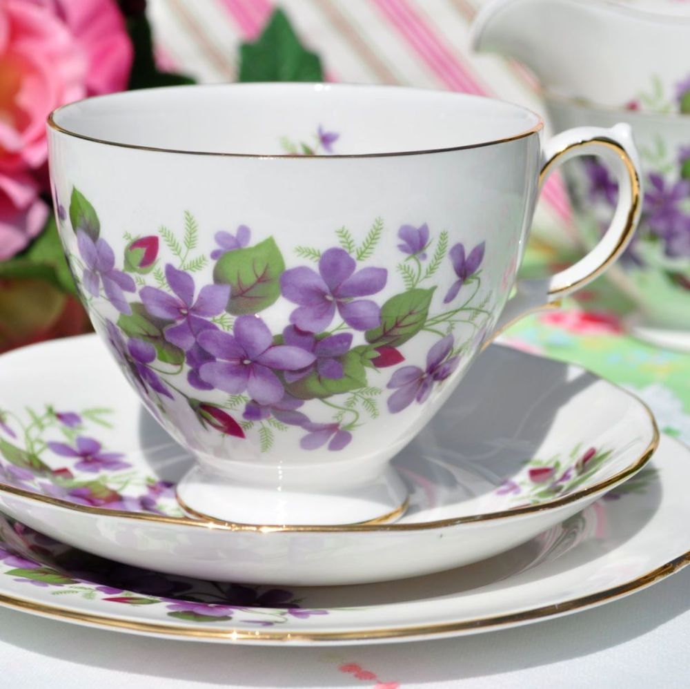 Queen Anne Violets and Rose Buds Vintage Teacup Trio