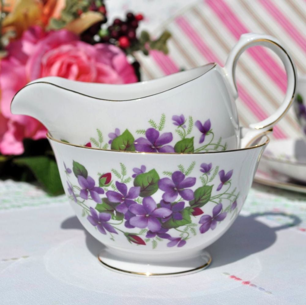 Queen Anne Violets and Rose Buds Vintage Milk Jug and Sugar Bowl