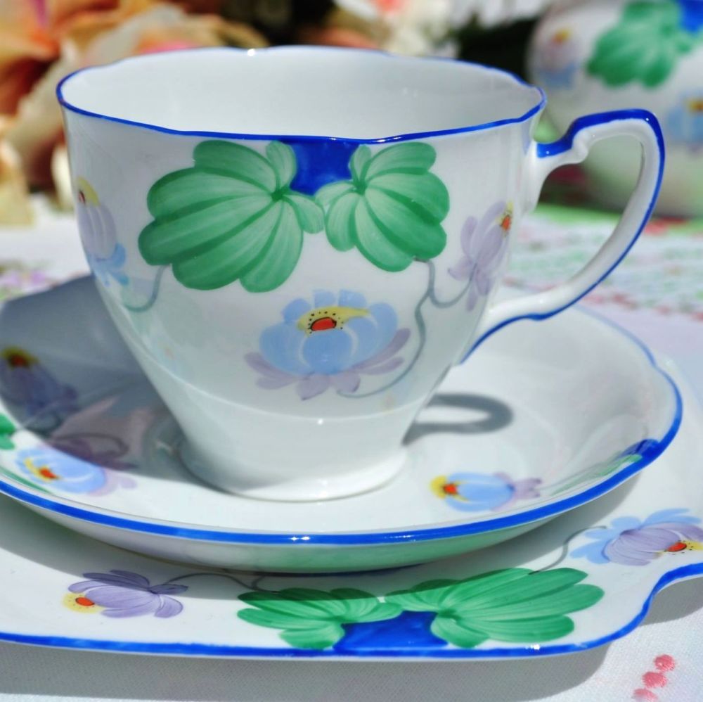 Grafton Art Deco Hand Painted Blue Rim Teacup Trio c.1935+