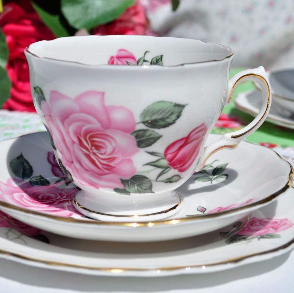 Royal Vale Pretty Pink Rose Teacup Trio