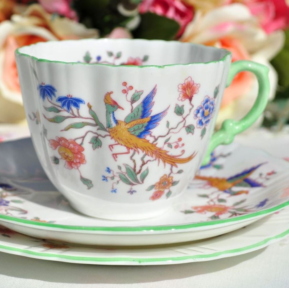 Hammersley Phoenix Green Rim Teacup Trio c.1950's