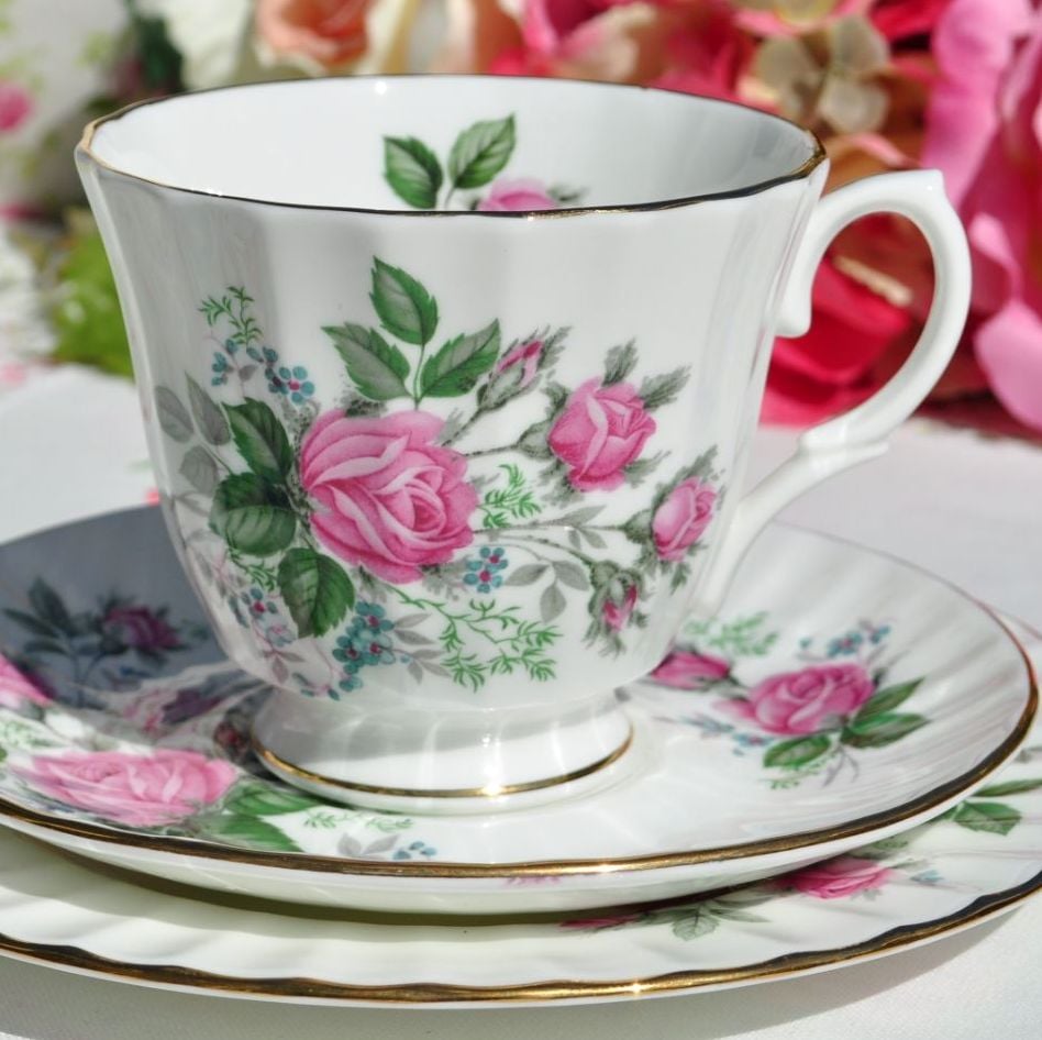 Duchess Pink Roses Fluted Teacup Trio c.1960's