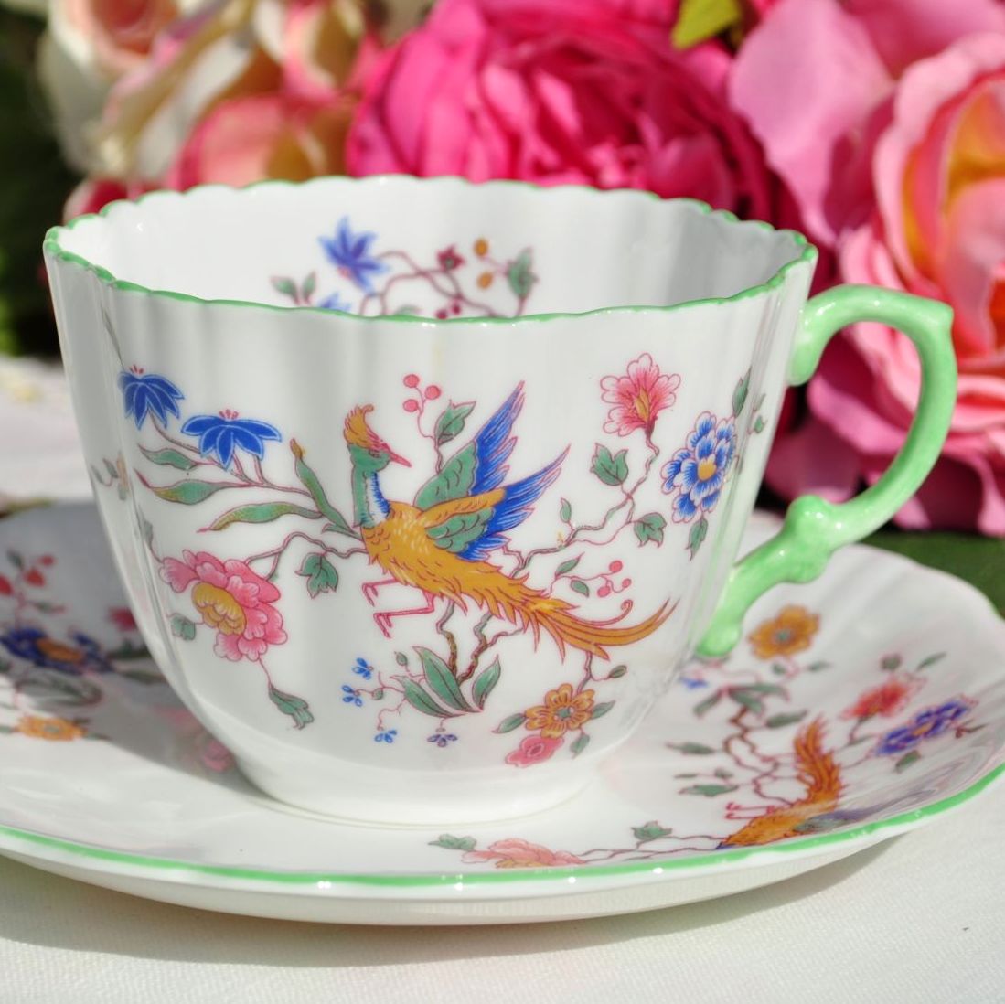 Hammersley Phoenix Green Rim Teacup and Saucer