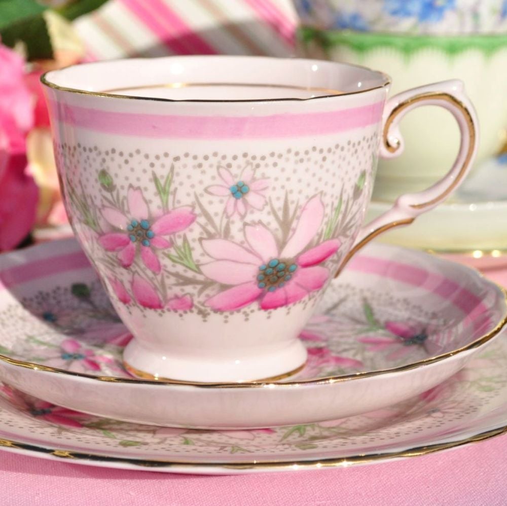 Tuscan Hand Painted Pink Cosmos Teacup Trio c.1940s