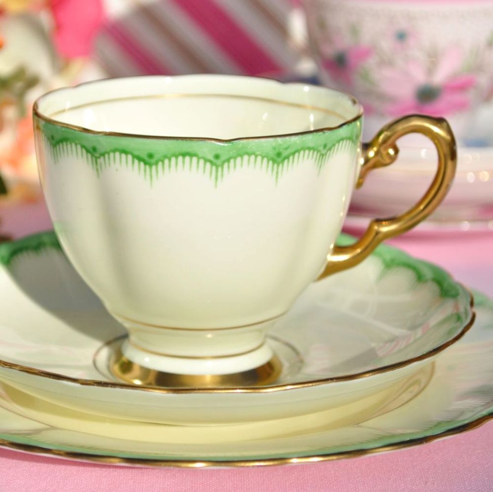 Tuscan Cream and Green Border 6146A Fine China Teacup Trio c.1936+