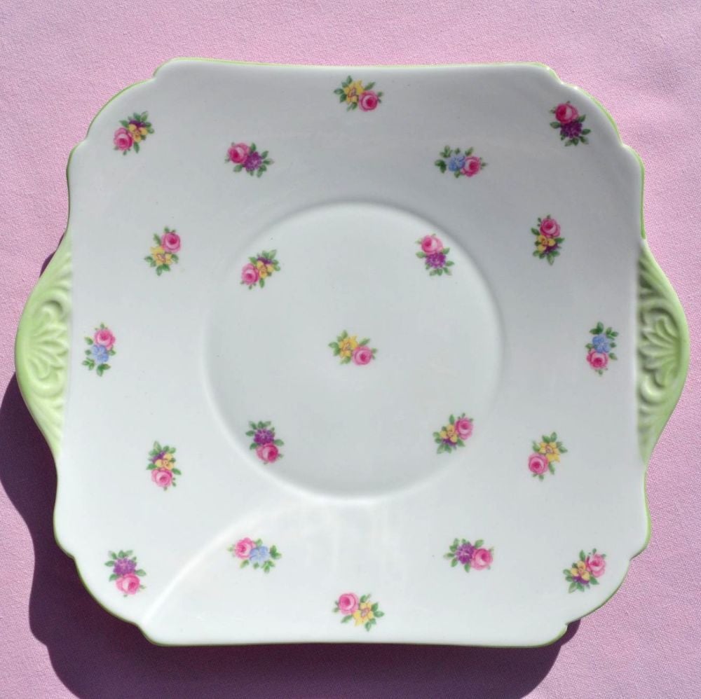 Shelley Ditsy Flowers Green Rim Vintage China Cake Plate c.1930s