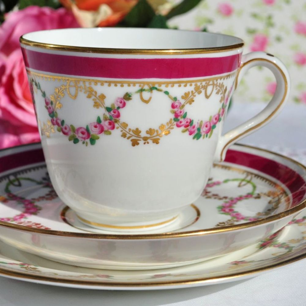 Coalport Antique Breakfast Tea Cup Trio with Rose Garlands c.1875-81