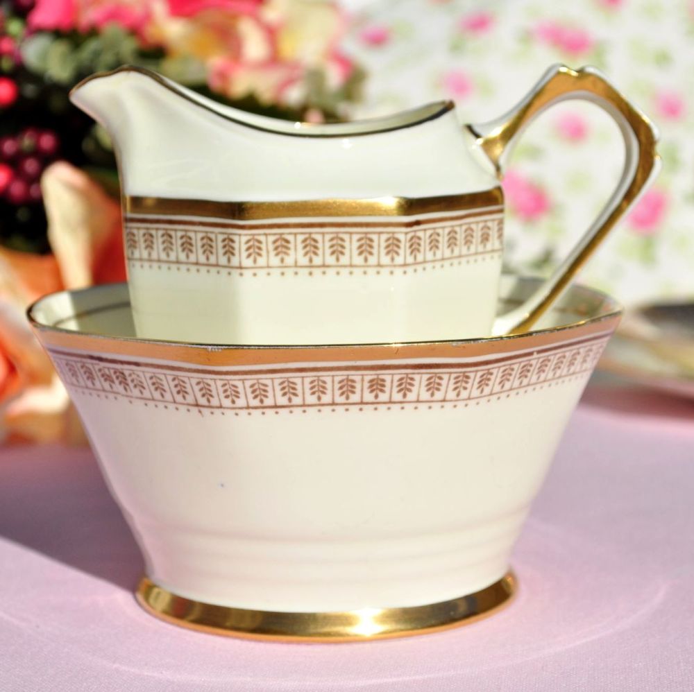 Tuscan Art Deco Cream and Gold Milk Jug & Sugar Bowl c.1933