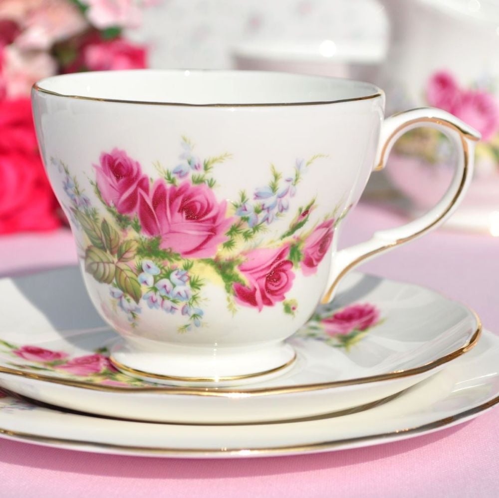 Duchess Velvet Rose Vintage Bone China Teacup, Saucer, Tea Plate Trio