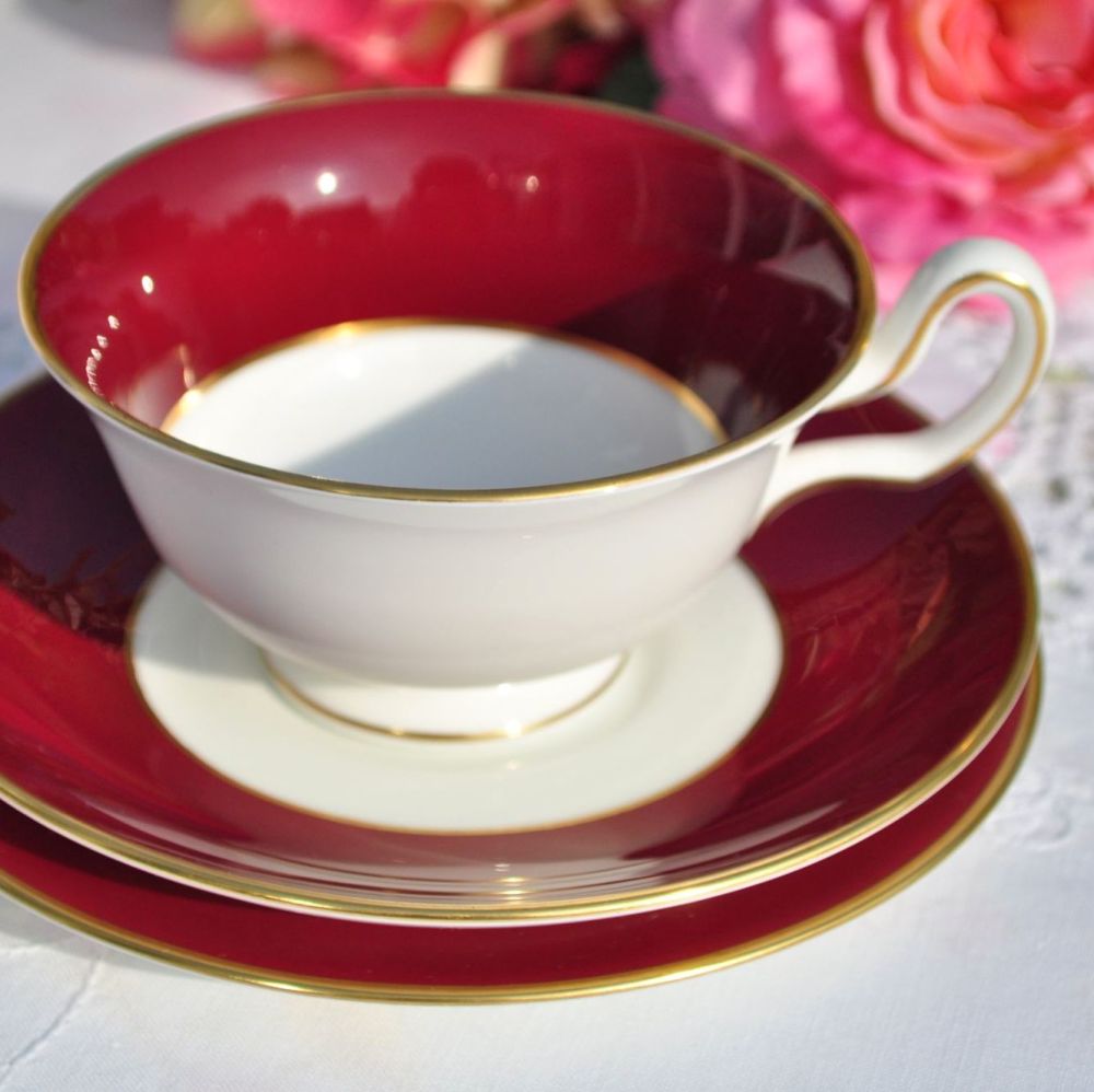 Wedgwood Burgundy Red Vintage Bone China Teacup Trio c.1950s