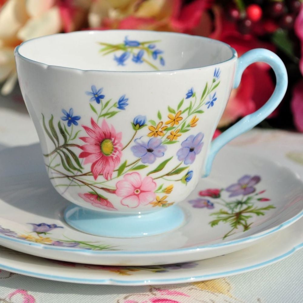 Shelley Wild Flowers Blue Footed Vintage Fine China Tea Cup Trio