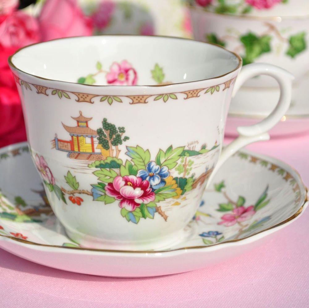 Crown Staffordshire Pagoda Vintage Fine China Breakfast Teacup & Saucer