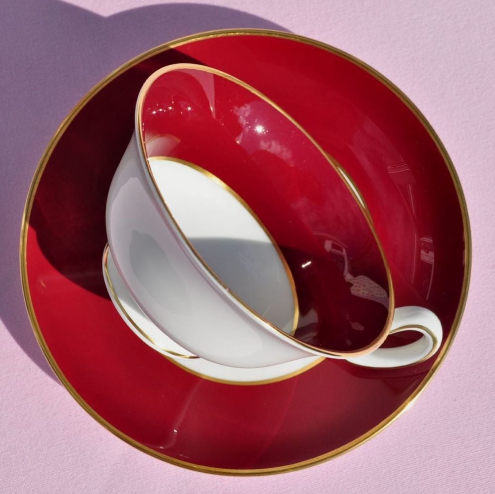 Wedgwood Burgundy Red Vintage Bone China Teacup & Saucer c.1950s