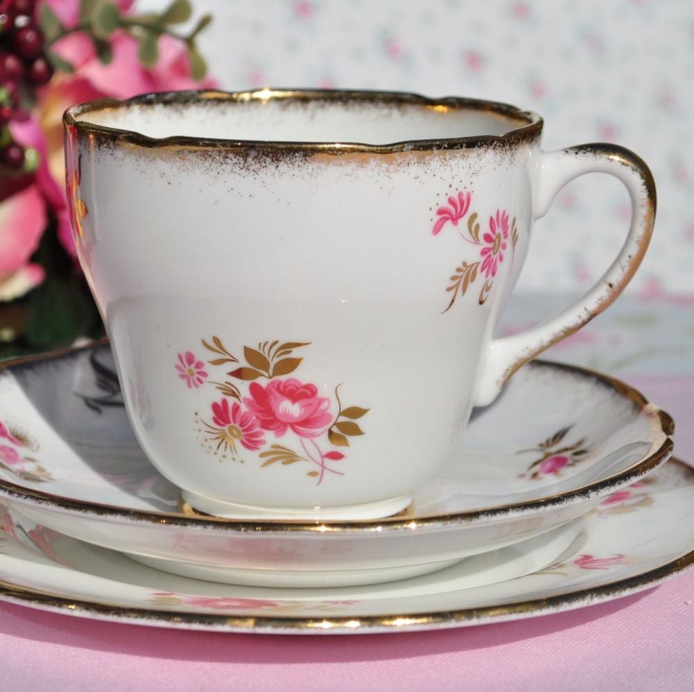 Imperial Pink Flowers & 22 Kt Gold Gilded Teacup Trio c.1950s