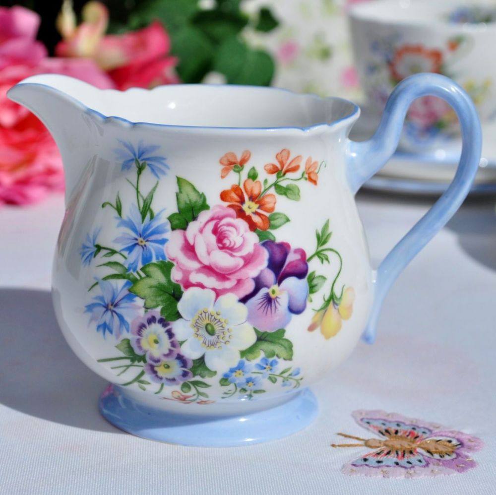 Shelley Summer Bouquet Blue Footed Vintage Fine China Milk Jug
