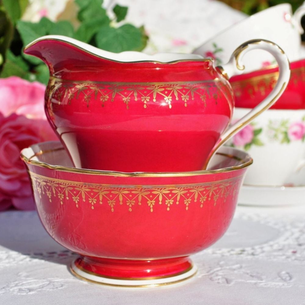 Aynsley Red & Gold Vintage Bone China Milk Jug & Sugar Bowl