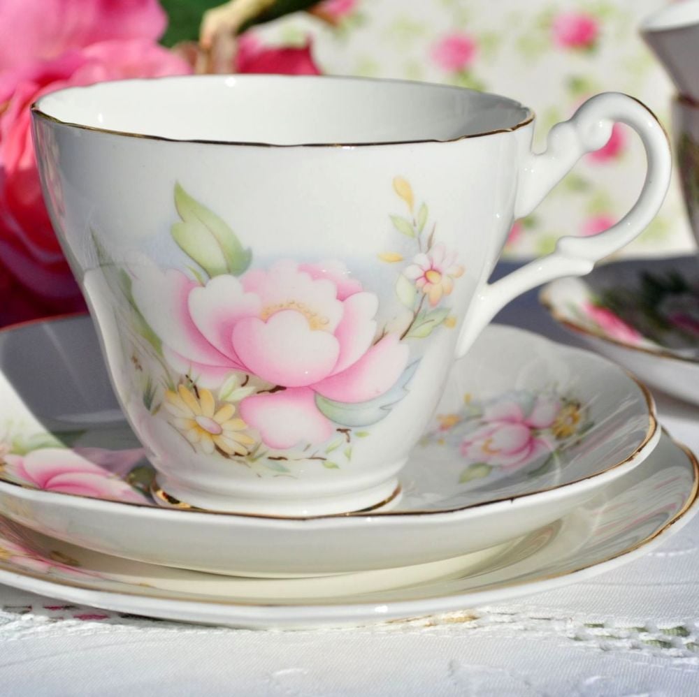 Royal Stuart Pink Magnolia Pattern Bone China Teacup Trio c.1950s
