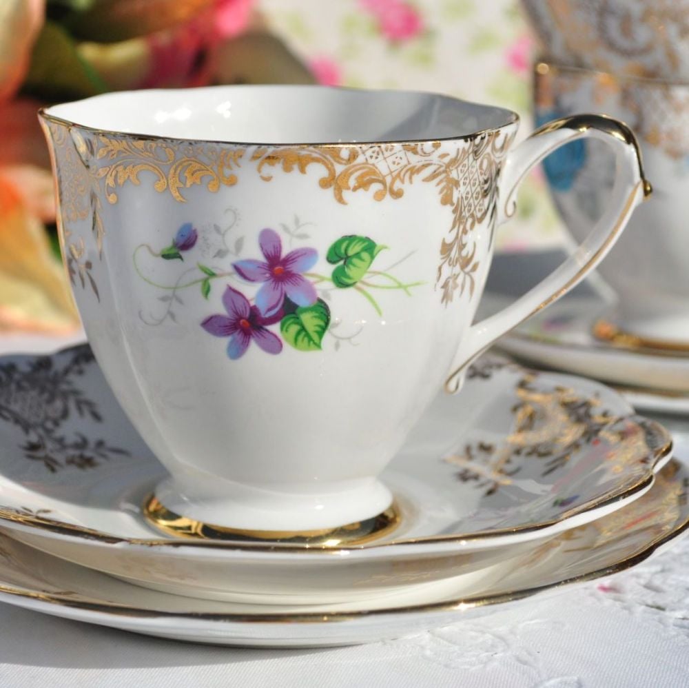 Royal Standard Violets with Gold Filigree Vintage Tea Cup Trio