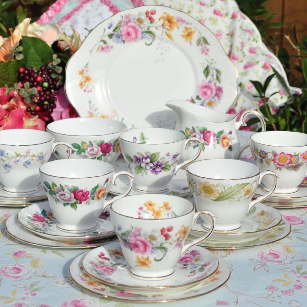 Duchess Vintage Bone China Eclectic Tea Set for Six with Cake Plate