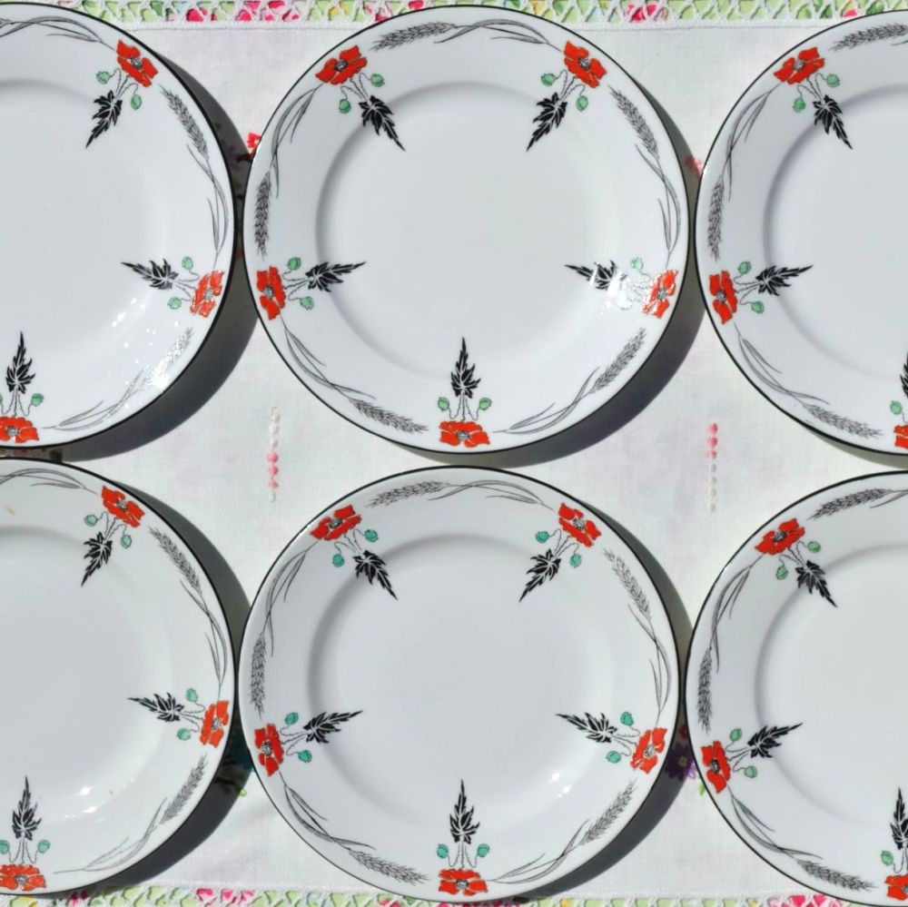 Shelley Art Deco Hand Painted Poppies Plates Set c.1920s