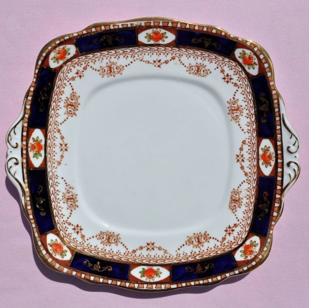Roslyn Imari Style Cobalt Blue & Terracotta Cake Plate c.1924+
