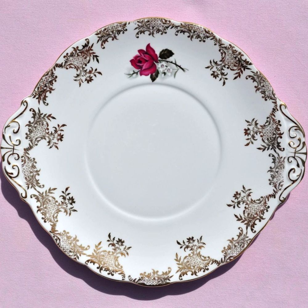 Royal Standard Pink Rose and Gold Filigree Cake Plate