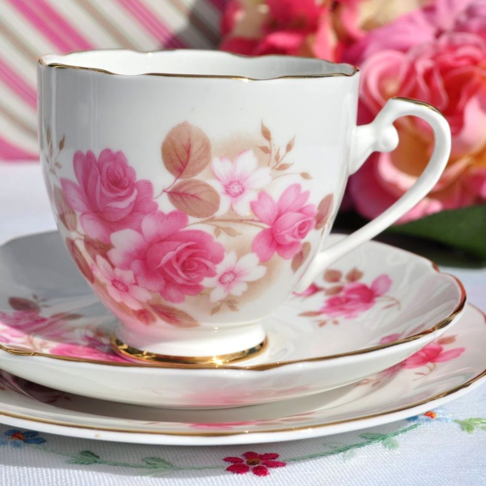 Royal Grafton Pale Pink Roses China Tea Cup Trio c.1957+