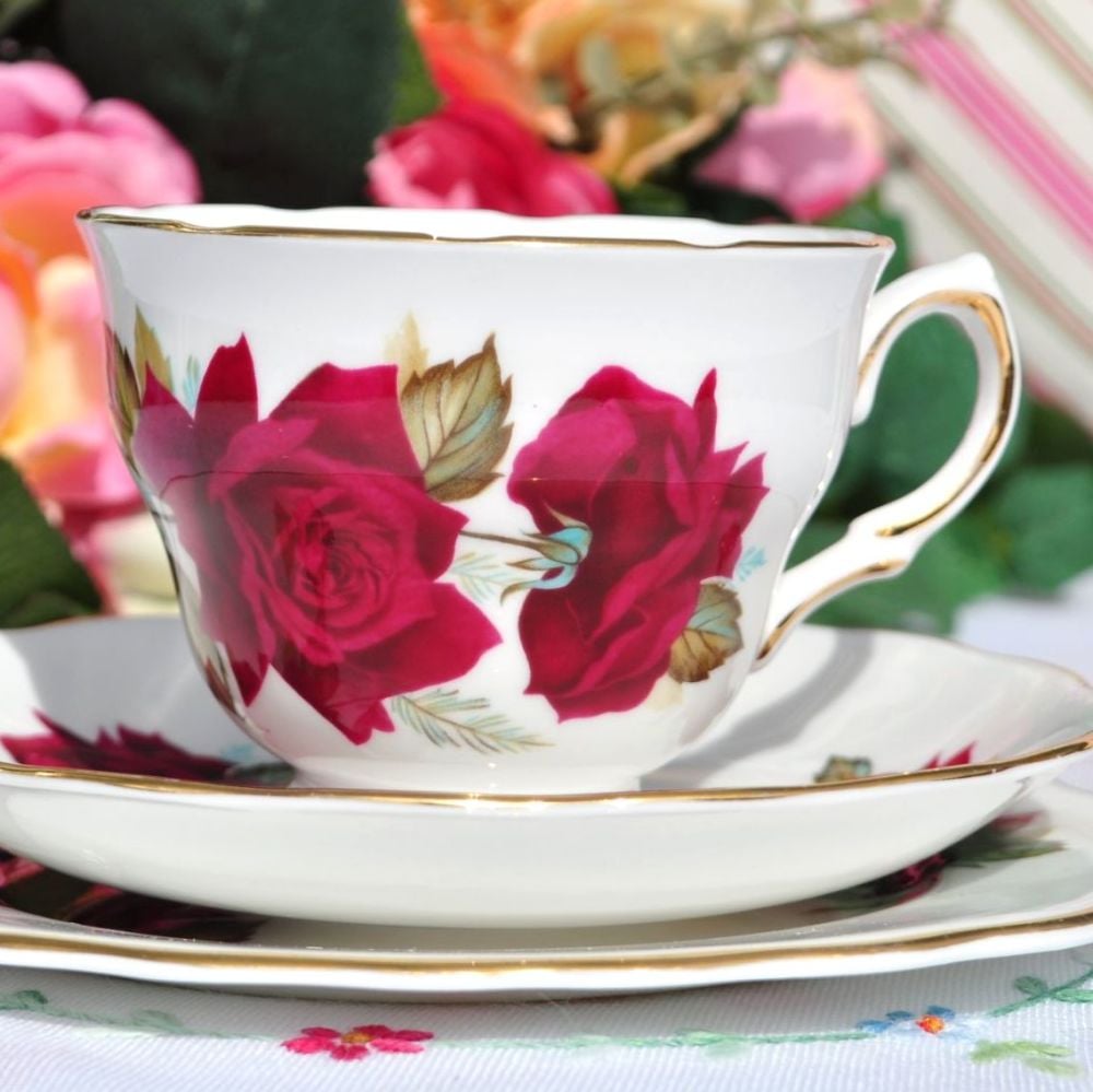 Royal Vale Red Roses Teacup Trio