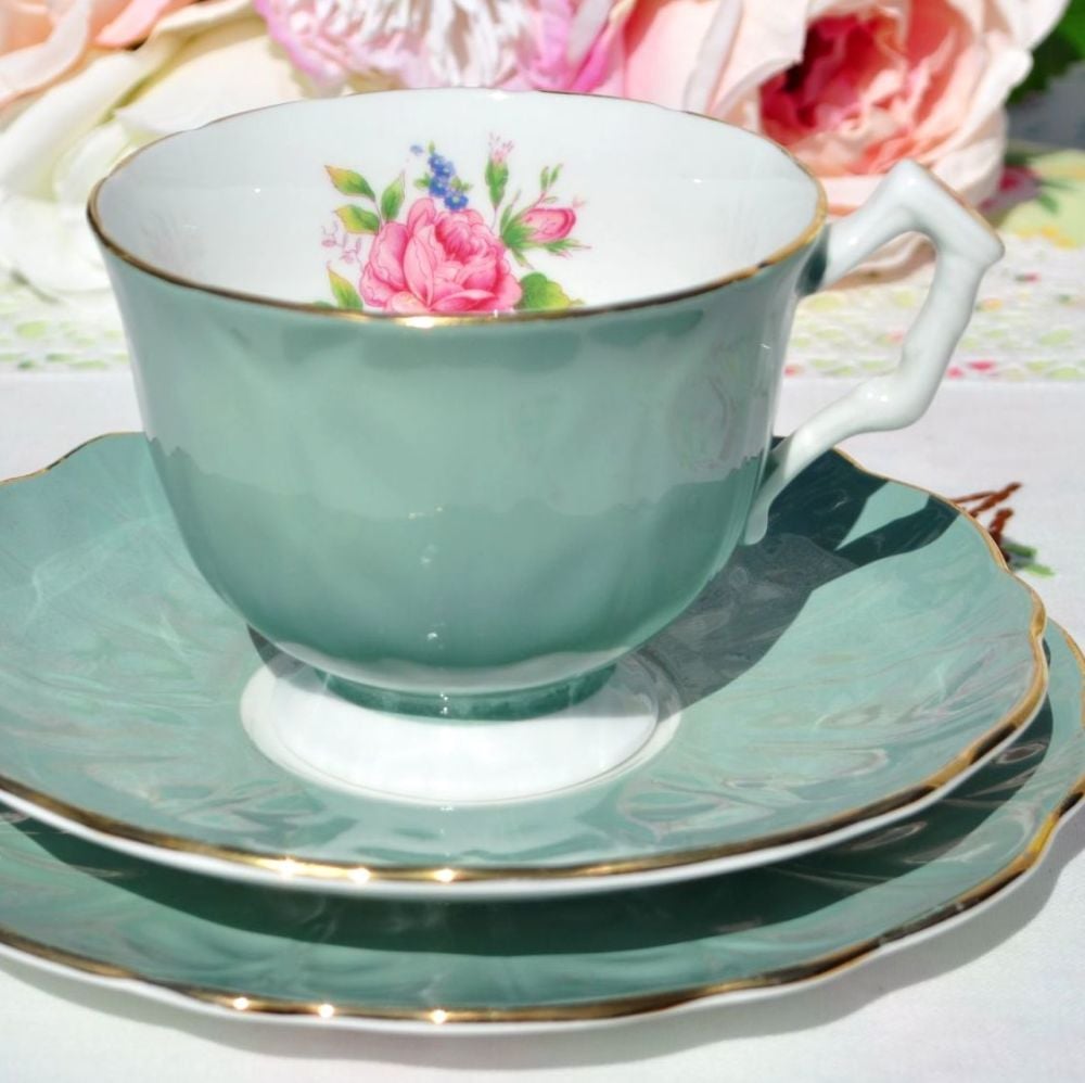 Aynsley Green and Pink Rose Teacup Trio