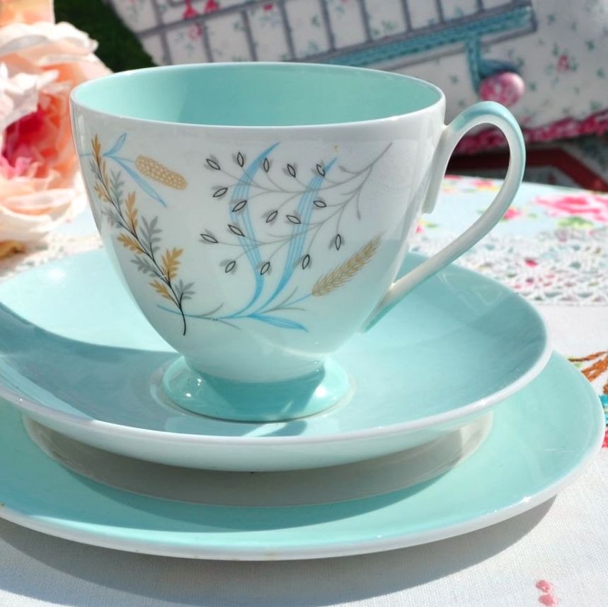 Queen Anne Glade Duck Egg Teacup Trio c.1950's