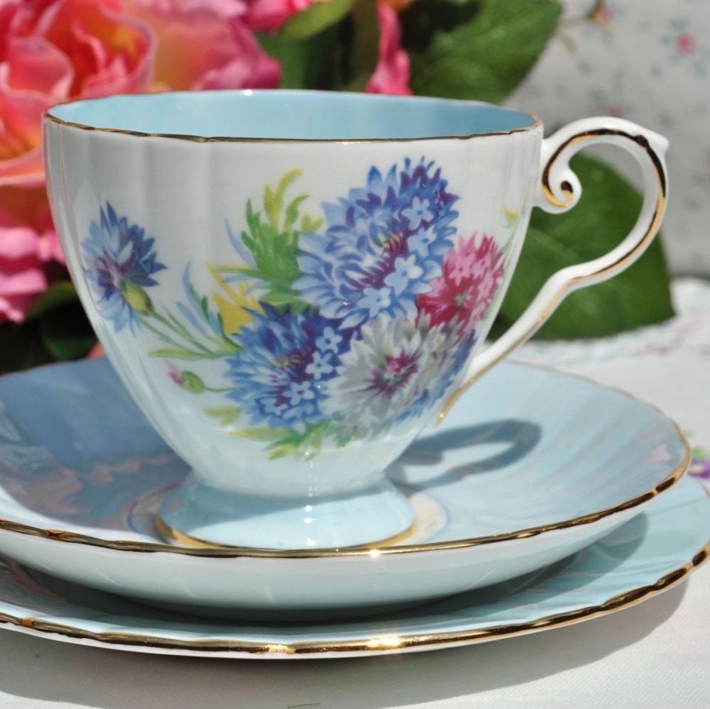 Royal Grafton Cornflower Blue Glazed Teacup Trio