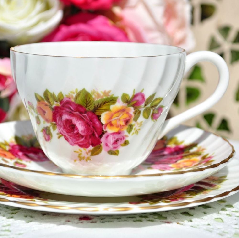 Crown Staffordshire Fluted Roses Teacup Trio