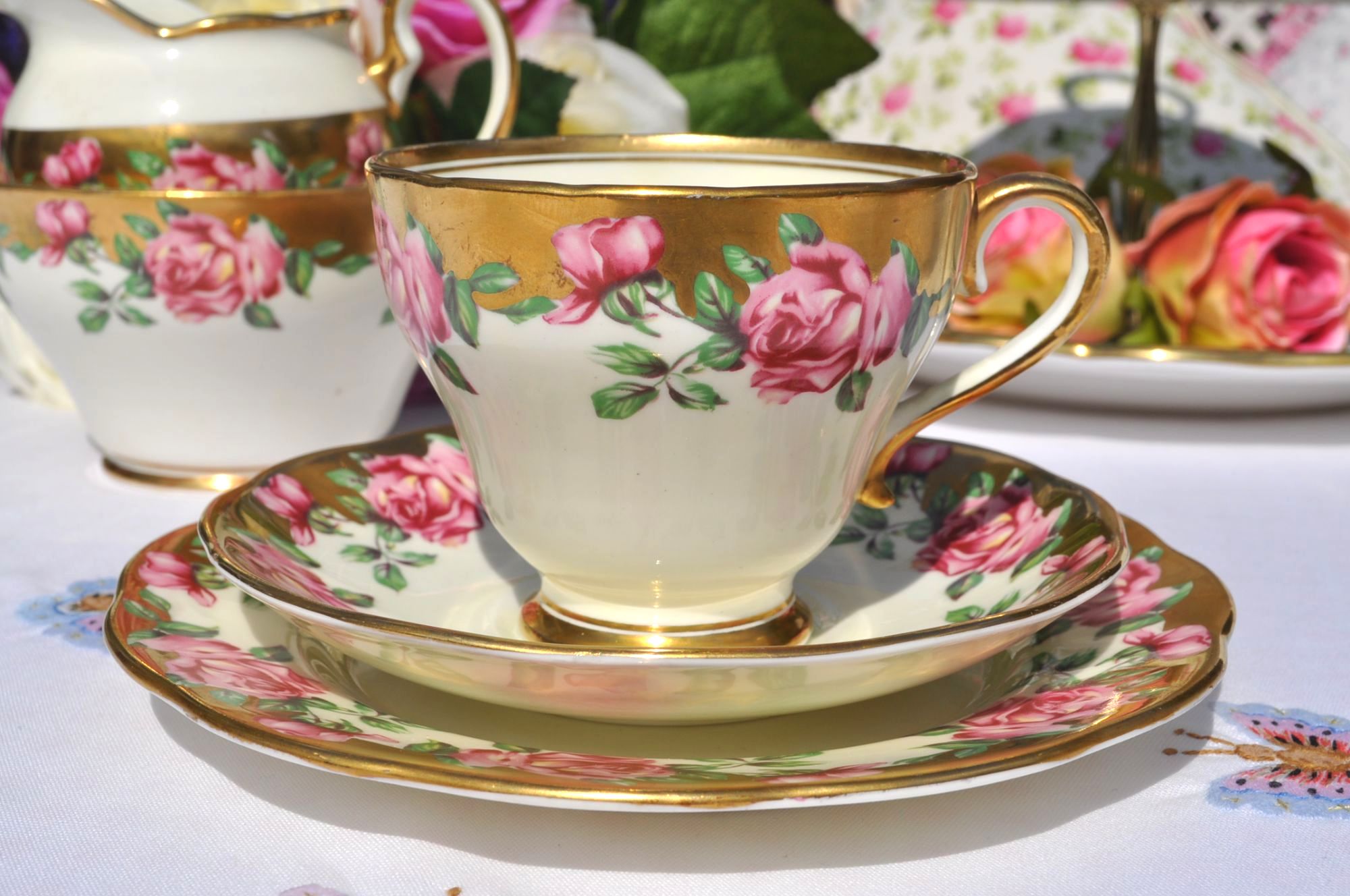 Salisbury gold embellished tea cup trio