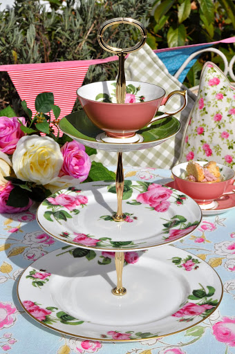 English Rose New Fine China 3 Tiered Cake Stand with Salmon Pink Teacup Top
